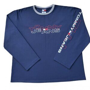 Vintage Tommy Jeans Spellout Logo Long Sleeve Shirt Navy Blue Men’s Large 90s